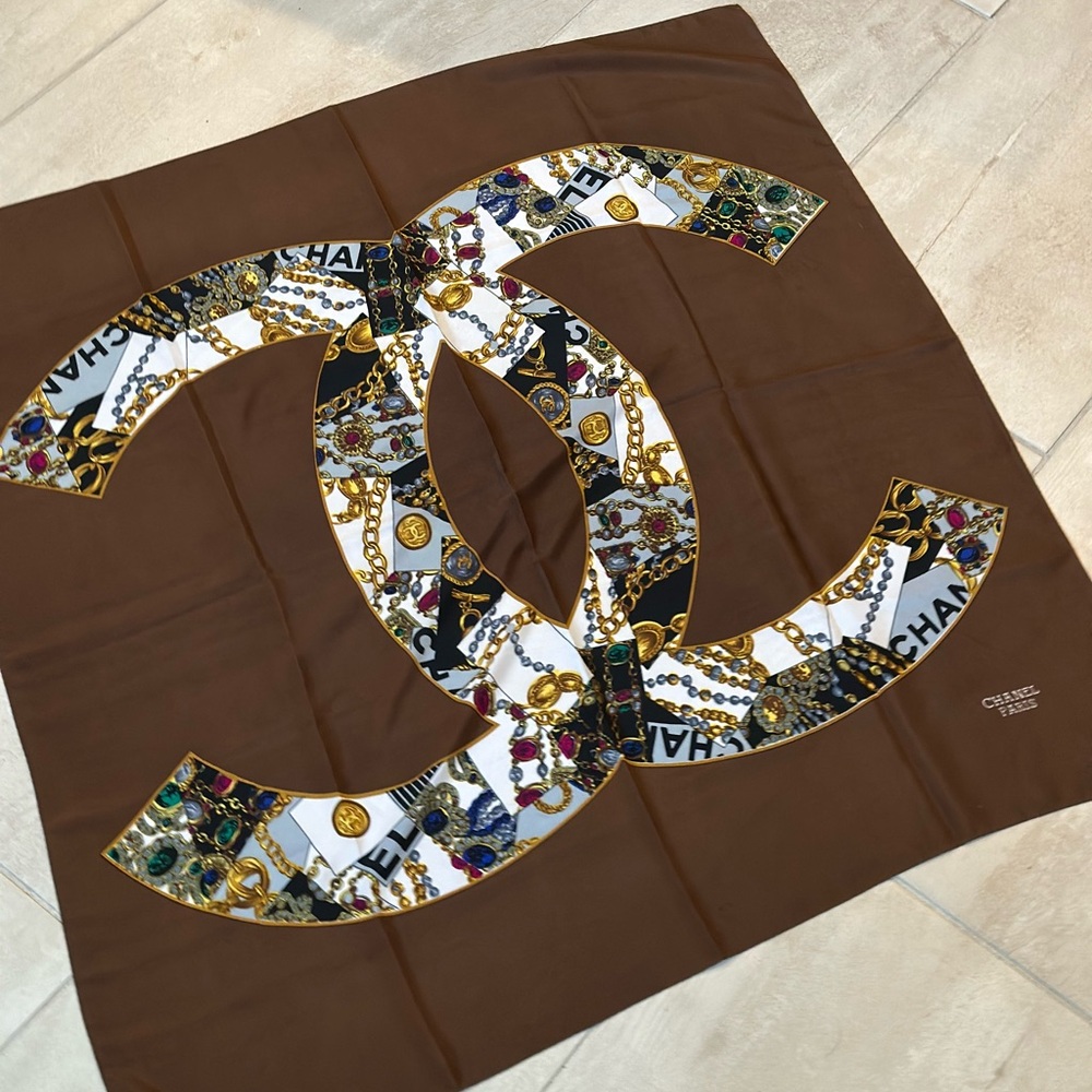 CHANEL Multicolor Brown Silk Scarf with Jewel Accents, Iconic CC Logo - Picture 3 of 4